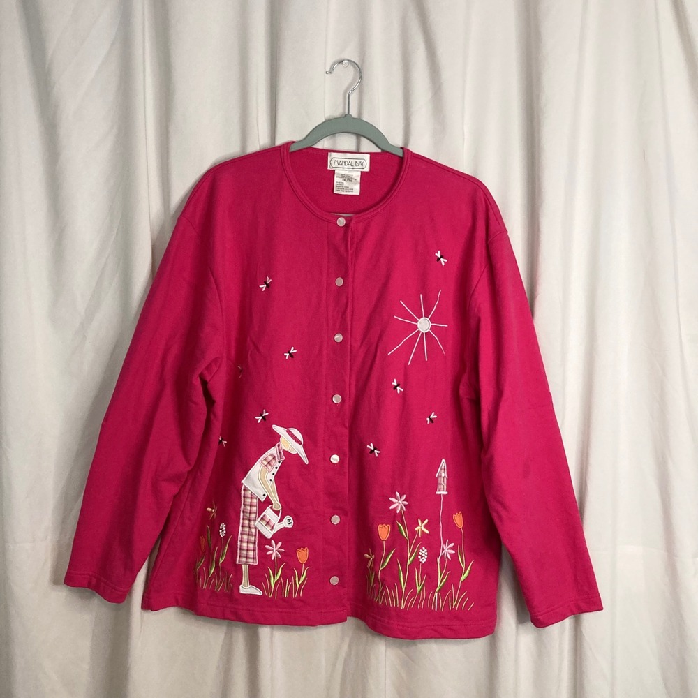 VTG Embroidered Beaded Garden Cardigan Hot Pink Mandal Bay Women XXL 100% Cotton